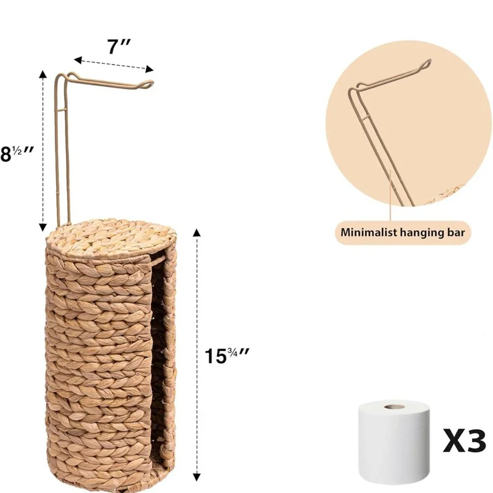 Wicker Toilet Paper Holder w/Minimalist Hanging Bar, Rattan Decorative Storage